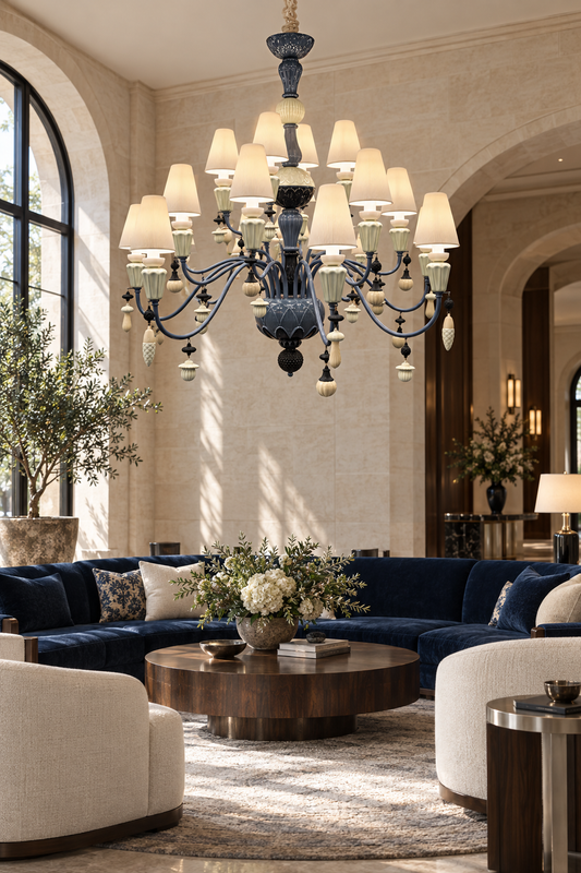 
Mirevelle Blue-Gray Botanical Ceramic Chandelier – Custom Project